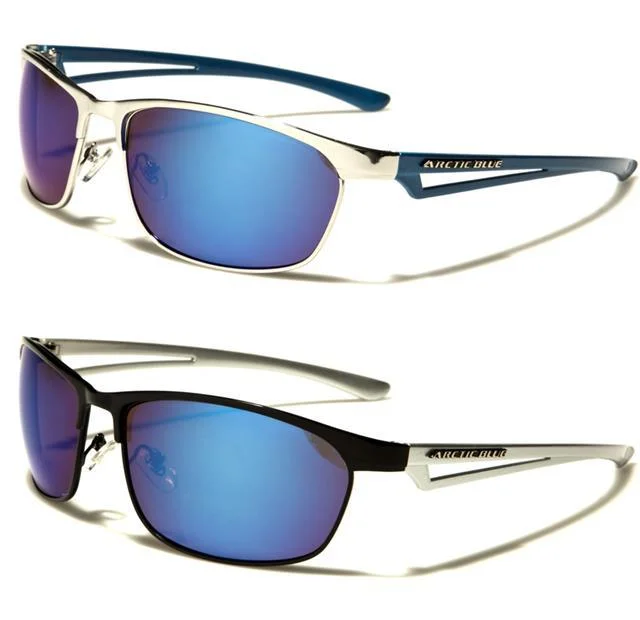 ladies sunglasses open sides -Arctic Blue Semi-Rimless Blue Mirrored Sports Sunglasses