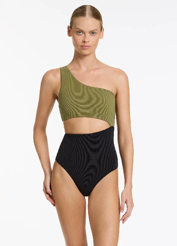 Women’s one-piece swimsuit seafoam chic -Versa Rib One Shoulder One Piece - Black/Moss