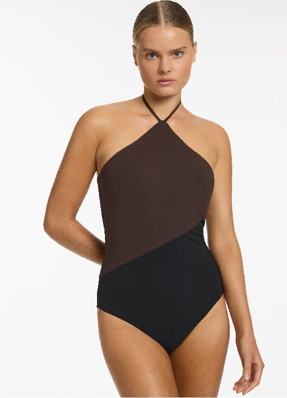 Women’s one-piece swimsuit unpadded -Versa High Neck Halter One Piece - Black/Chocolate