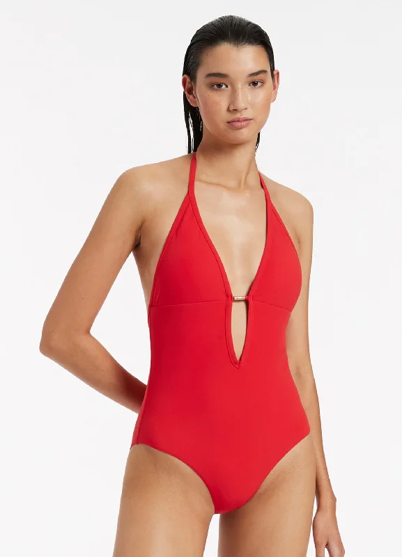 Women’s one-piece swimsuit deep V-neck -Jetset Plunge One Piece - Cherry