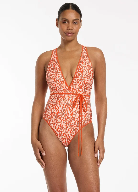 Women’s one-piece swimsuit party splash -Sereno Ditsy Tie One Piece - Coral