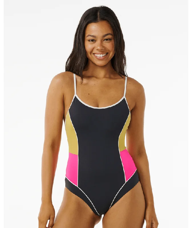 Women’s one-piece swimsuit nautical stripe -Rip Curl Hibiscus Heat Splice One Piece-Washed Black