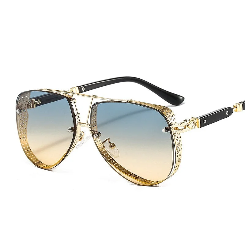 ladies sunglasses slide fit -Women's Designer Metal Alloy Frame Hollow Pattern Oval Sunglasses