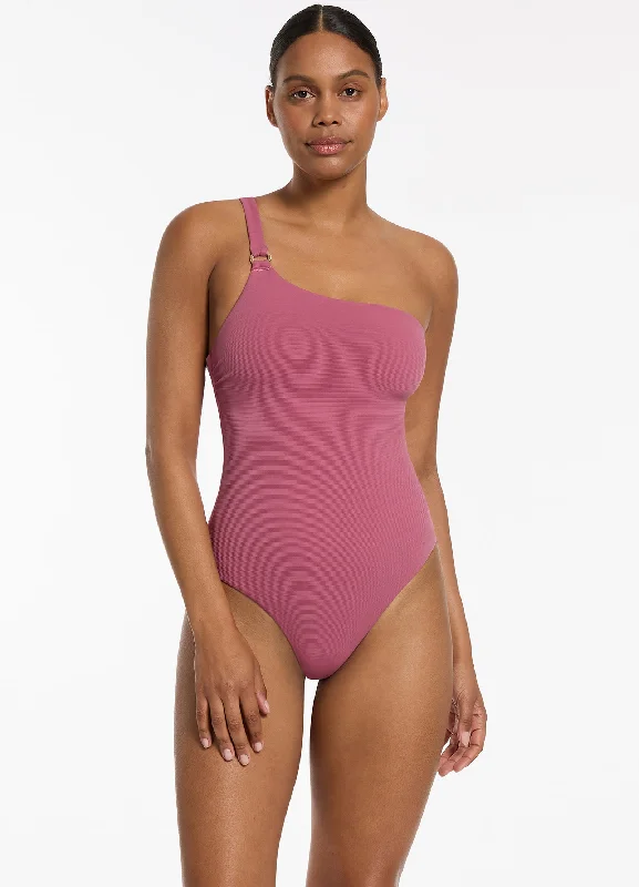 Women’s one-piece swimsuit budget chic -Isla Rib One Shoulder One Piece - Mauve