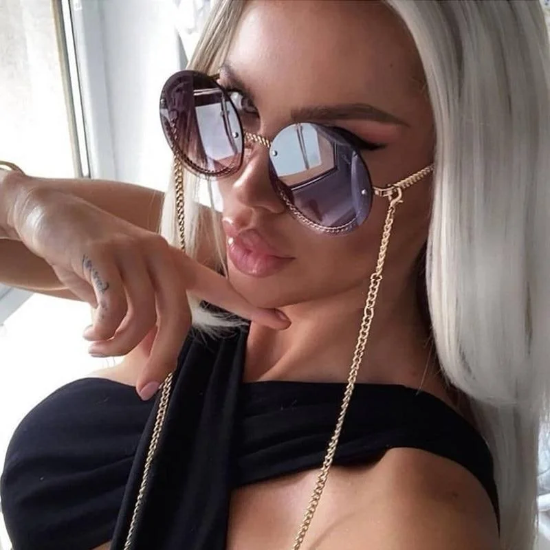 ladies sunglasses quirky shade -Women's Luxury Round Designer Rimless Sunglasses with Pearl Chain