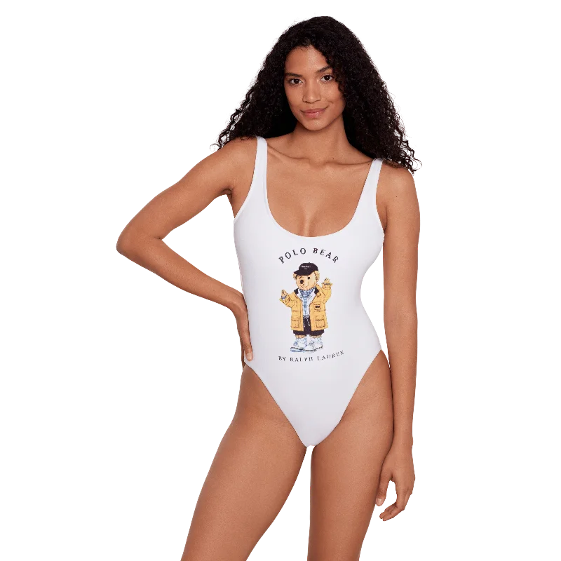 Women’s one-piece swimsuit starry glow -Polo Ralph Lauren Polo Bear Scoop Neck One Piece Swimsuit - White