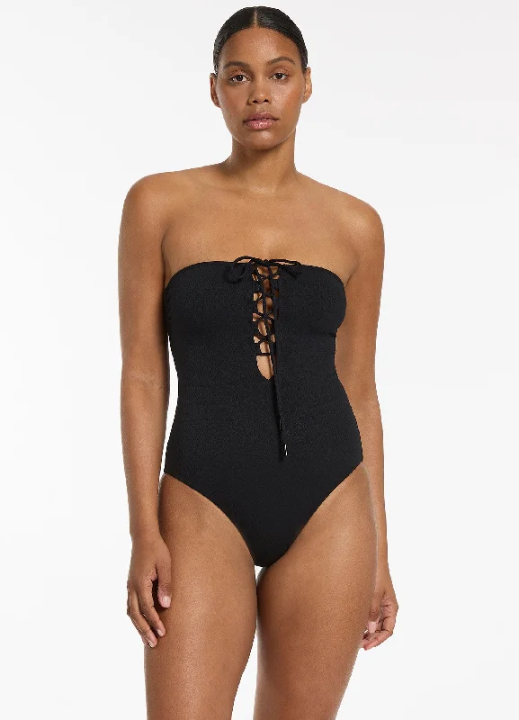 Women’s one-piece swimsuit neutral tone -Joali Tie Front Bandeau One Piece - Black