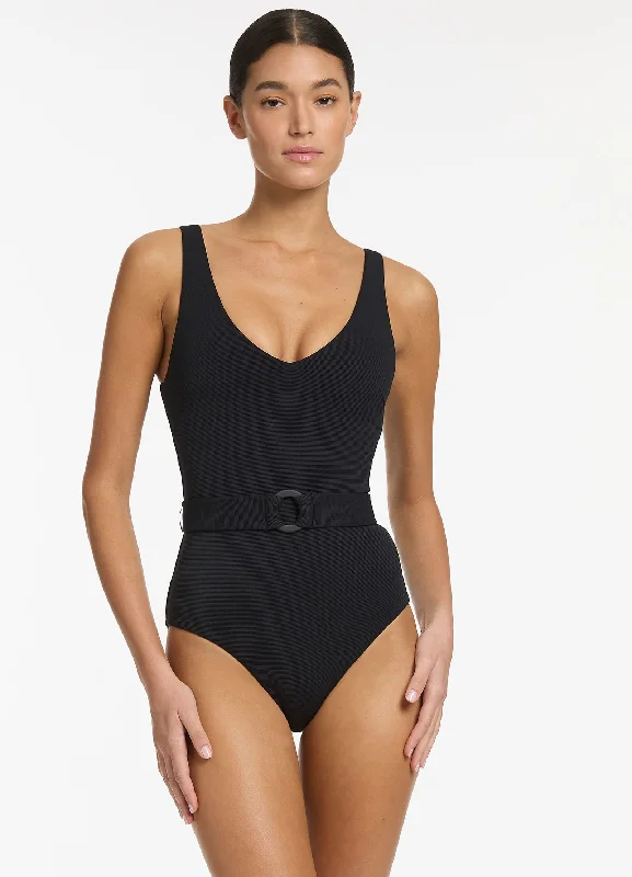 Women’s one-piece swimsuit halter style -Isla Rib V-Neckline Belted One Piece - Black