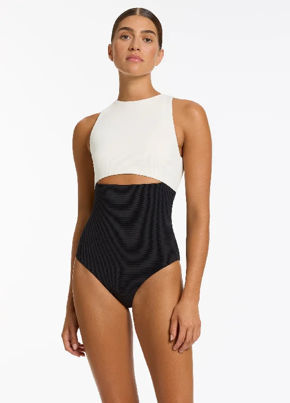 Women’s one-piece swimsuit romantic glow -Versa Rib Cut Out High Neck One Piece - Black/Cream