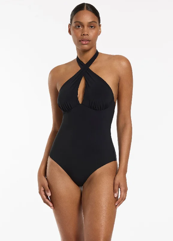 Women’s one-piece swimsuit yellow pop -Jetset Cross Over Halter One Piece - Black