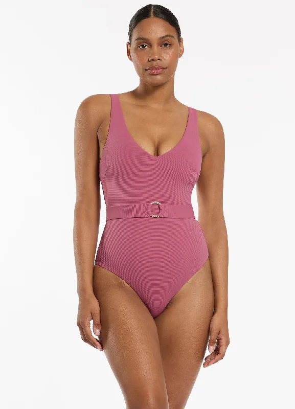 Women’s one-piece swimsuit forest shade -Isla Rib V-Neckline Belted One Piece - Mauve