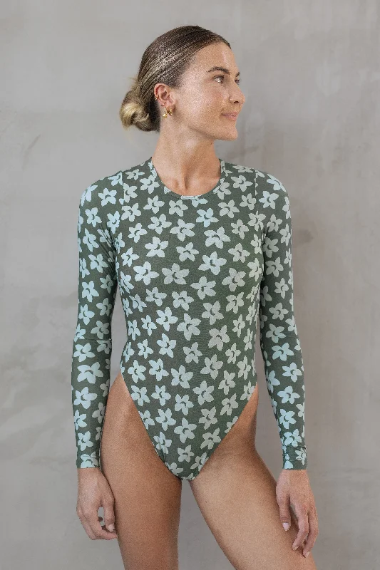 Women’s one-piece swimsuit sunblock ready -Long Sleeve Surf Suit - Moon Flower