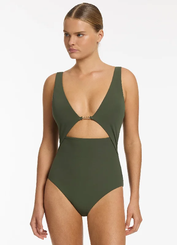 Women’s one-piece swimsuit personalized -Lien Plunge One Piece - Olive