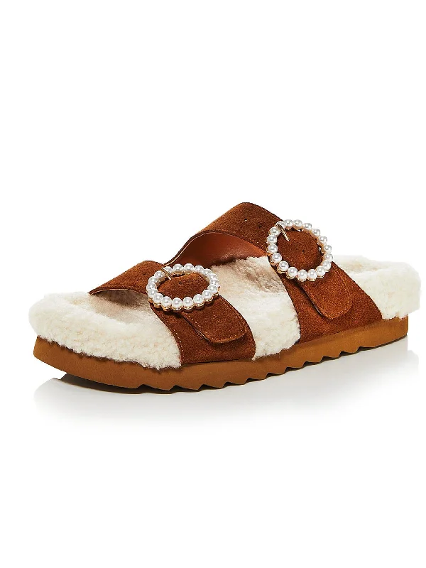 Women’s sandals striped coastal chic -Furry Womens Suede Faux Fur Slide Sandals