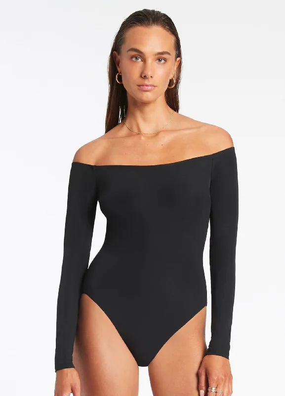 Women’s one-piece swimsuit spring bloom -Jetset Off Shoulder Surfsuit - Black