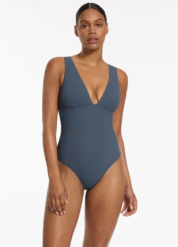 Women’s one-piece swimsuit tummy control -Jetset Plunge One Piece - Steel Blue