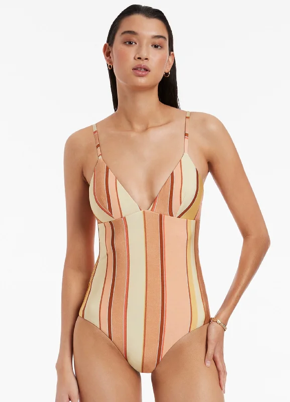 Women’s one-piece swimsuit island glow -Fira Stripe V-Neckline One Piece - Marigold