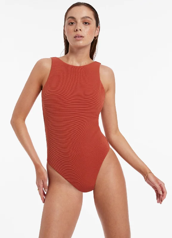 Women’s one-piece swimsuit active glow -Isla Rib High Neck One Piece - Russet