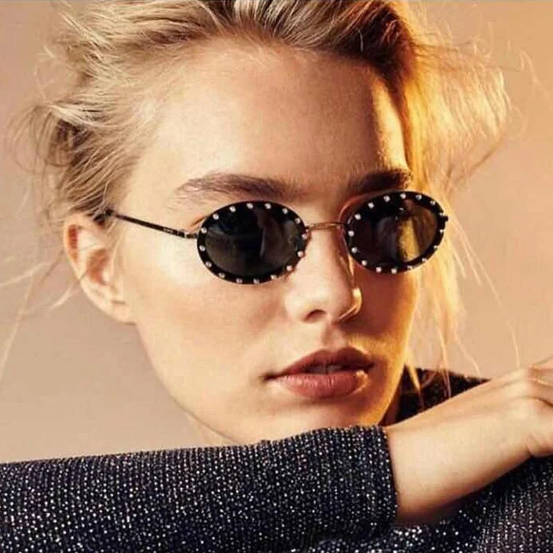 ladies sunglasses side vents -Women's Vintage Designer Diamond Crystal Round Over Sunglasses