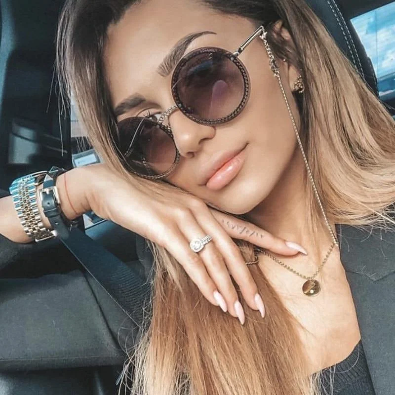 ladies sunglasses light shade -Women's Luxury Metal Chain Round Oversized Fashion Sunglasses