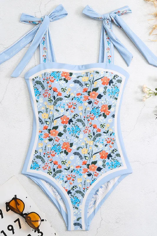 Women’s one-piece swimsuit cosmic edge -Vintage Blue Floral Print Reversible Tie-Shoulder One Piece Swimsuit