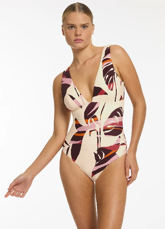 Women’s one-piece swimsuit single layer -Shadow Palm Plunge One Piece - Port