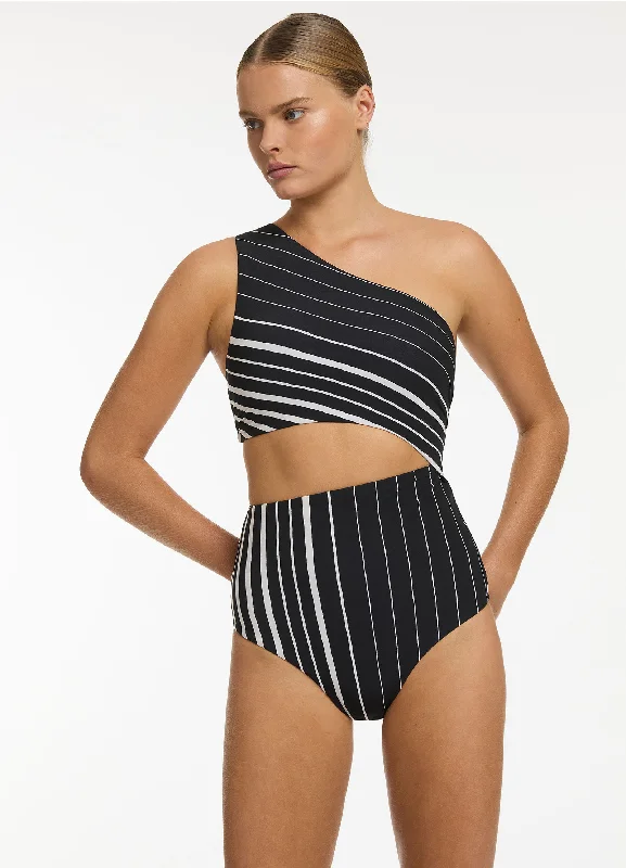 Women’s one-piece swimsuit poolside glow -Lunar Stripe One Shoulder Cut Out One Piece - Black/Chalk