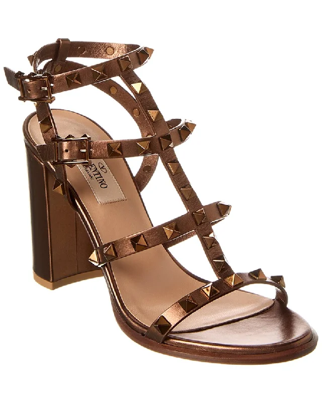 Women’s sandals cruise sleek flair -Valentino Rockstud Caged 90 Metallic Leather Ankle Strap Sandal