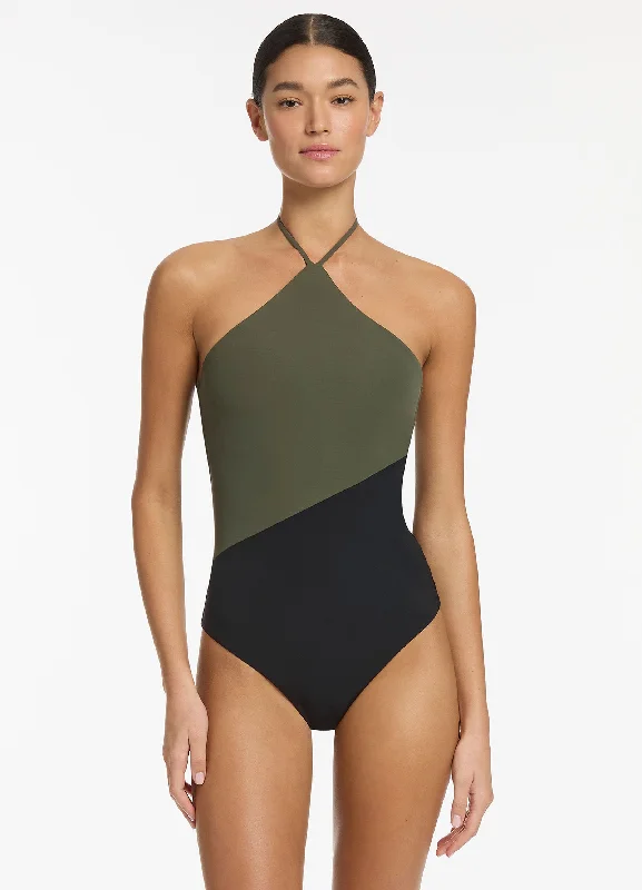 Women’s one-piece swimsuit tropical glow -Versa High Neck Halter One Piece - Olive/Black