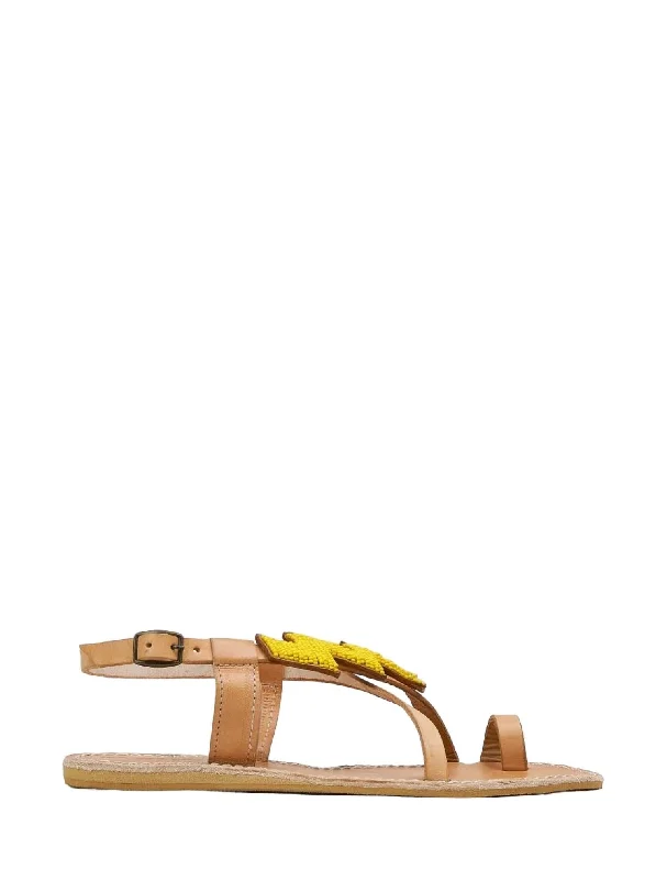 Women’s sandals summer dress chic -Icini Flat Back Strap Leather Sandal In Light Brown & Yellow