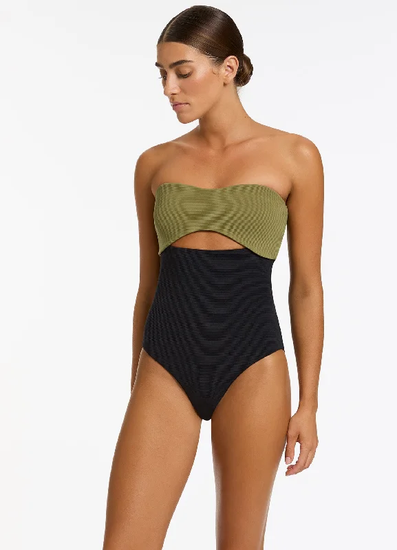 Women’s one-piece swimsuit moss green -Versa Rib Cut Out Bandeau One Piece - Black/Moss