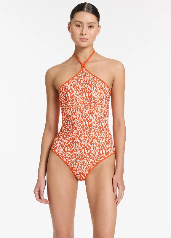 Women’s one-piece swimsuit towel wrap -Sereno Ditsy High Neck Halter One Piece - Coral