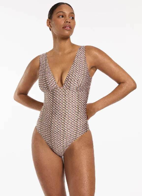 Women’s one-piece swimsuit metallic edge -Infinity Plunge One Piece - Kelp