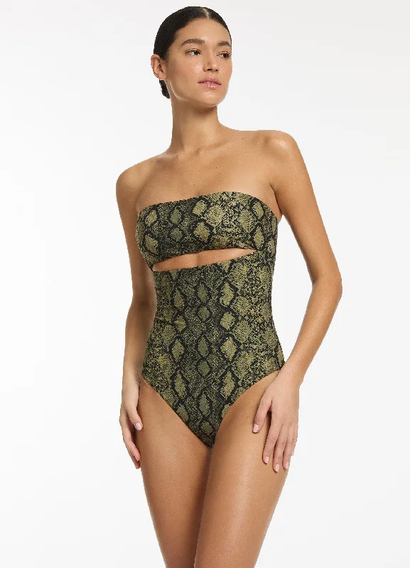 Women’s one-piece swimsuit backless flair -Python Splice Bandeau One Piece - Olive