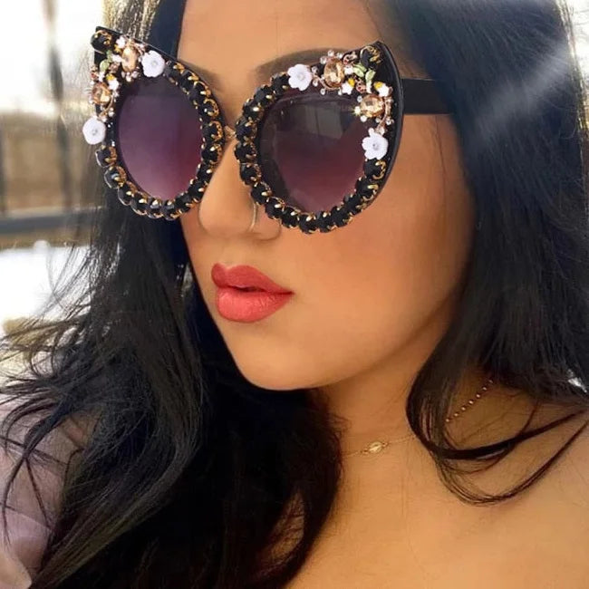 ladies sunglasses fish detail -Women's Luxury Designer Diamond Oversized Crystal Cat Eyes Sunglasses