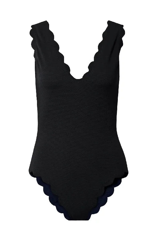 Women’s one-piece swimsuit fringe flair -Charleston Maillot in Black/ Indigo