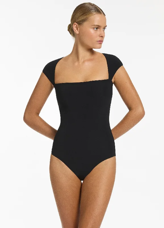 Women’s one-piece swimsuit plunge neck -Jetset Cap Sleeve One Piece - Black